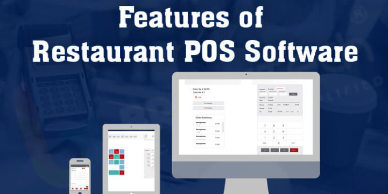 Image Representing The Features Of Restaurant POS Text In A Blue Background.